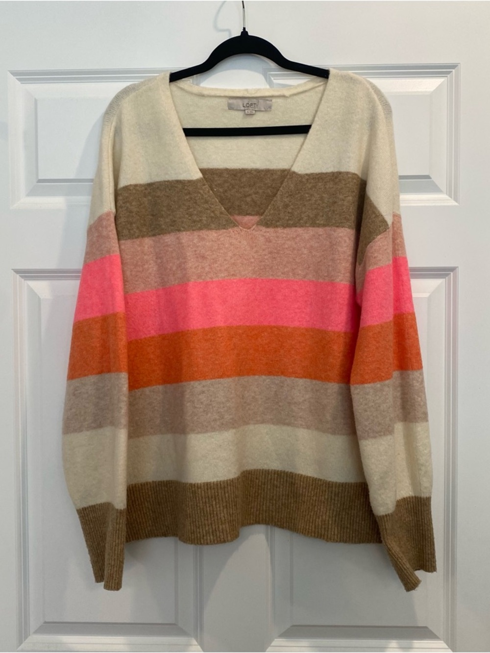 LOFT Colorblock V-Neck Sweater in Cream, Tan, Pink & Orange